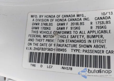 2013 Honda Civic Lx z USA, uszkodzony, nr VIN 2HGFB2F56DH589495